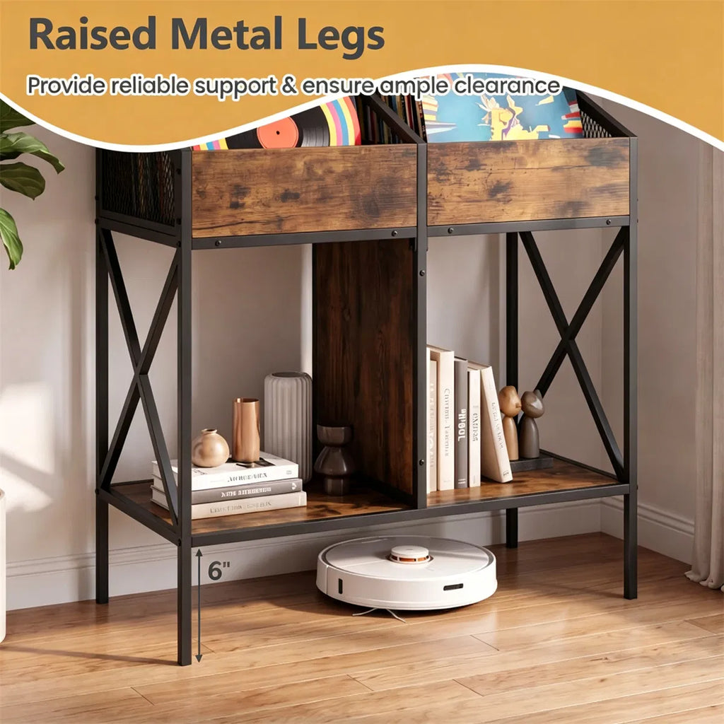 2-Tier Vinyl Record Storage Rack, Industrial Wood and Metal Stand – image 8