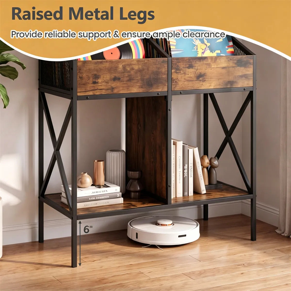 2-Tier Vinyl Record Storage Rack, Industrial Wood and Metal Stand – image 8