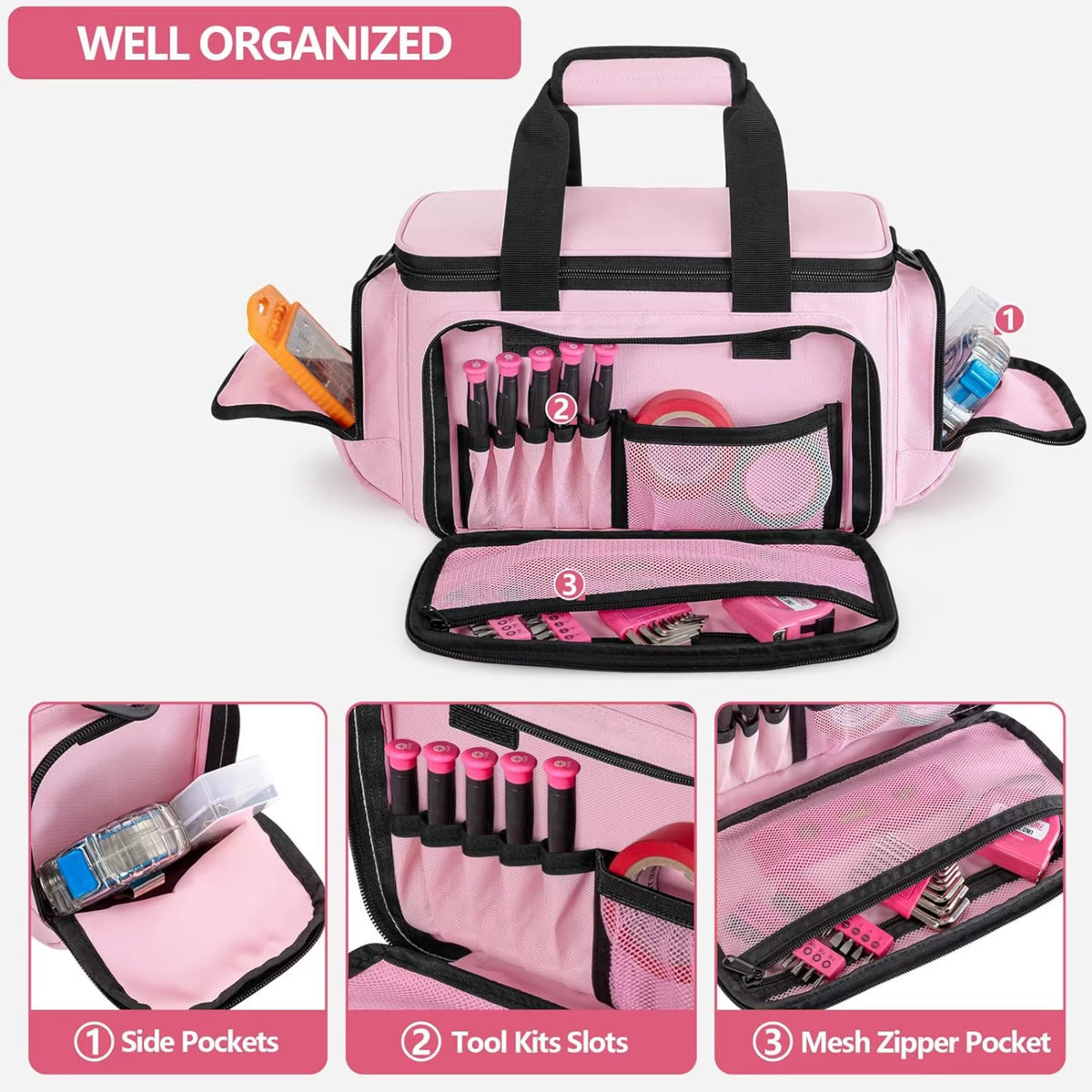 Pink Tool Bag Tote for Women, Construction Tool Organizer