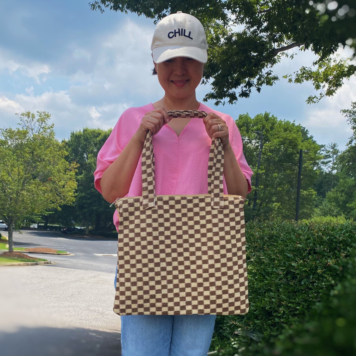 Checkered Tote Bag - Zippered Lined Shoulder Tote with Pocket – image 6