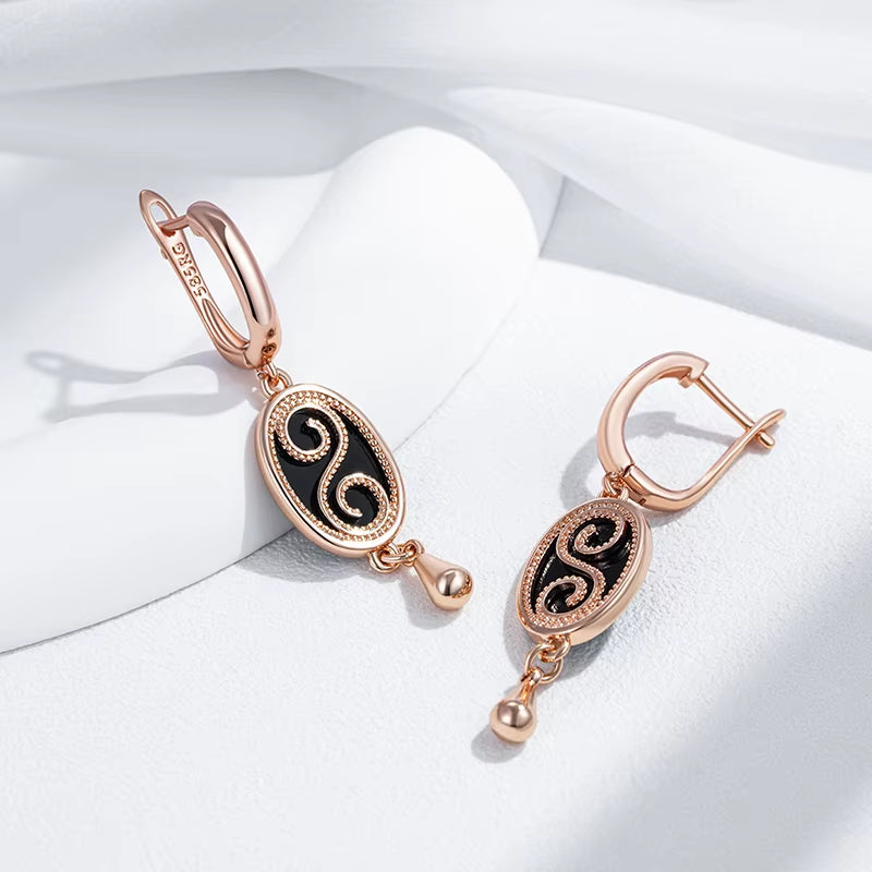 Vintage Black Stone Dangle Earrings - Rose Gold Tone – image 4