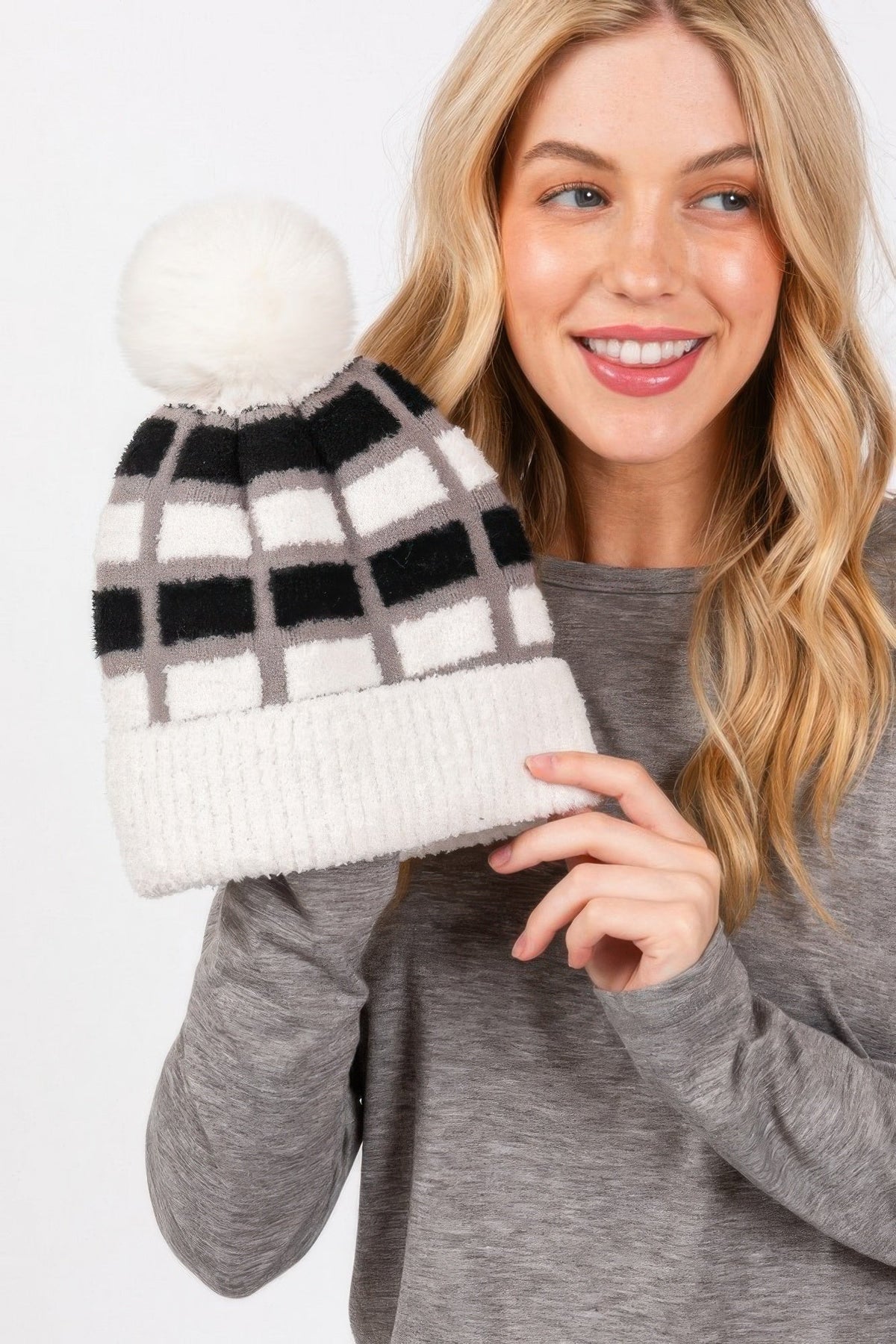 Color Block Pom Pom Beanie, Soft Stretch Knit Winter Hat – image 5