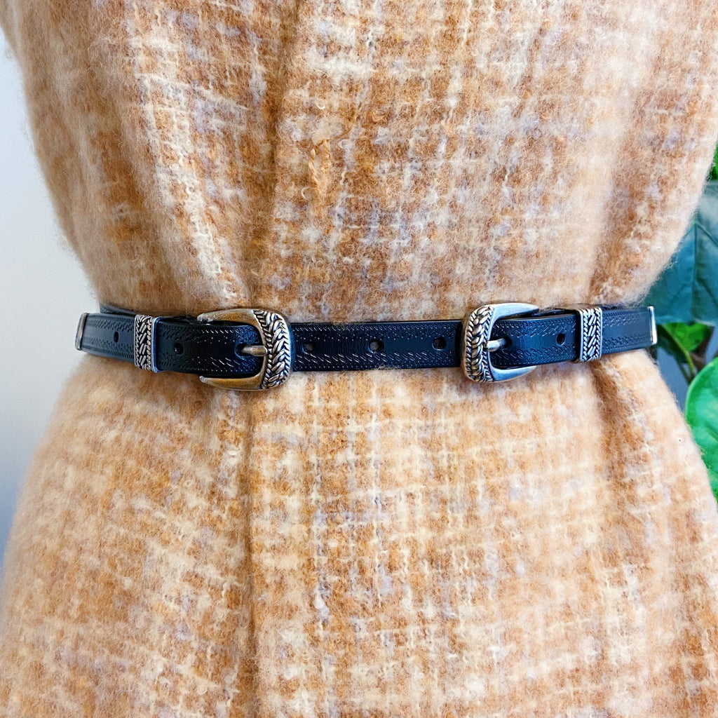 Double Buckle Leather Belt – Slim Women's Belt, Silver Tone – image 10