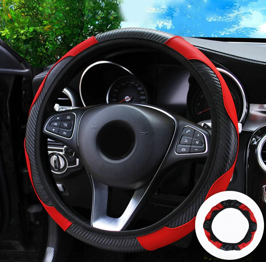 Steering Wheel Cover, Red & Black Carbon Fiber PU Leather, 15 in – image 5