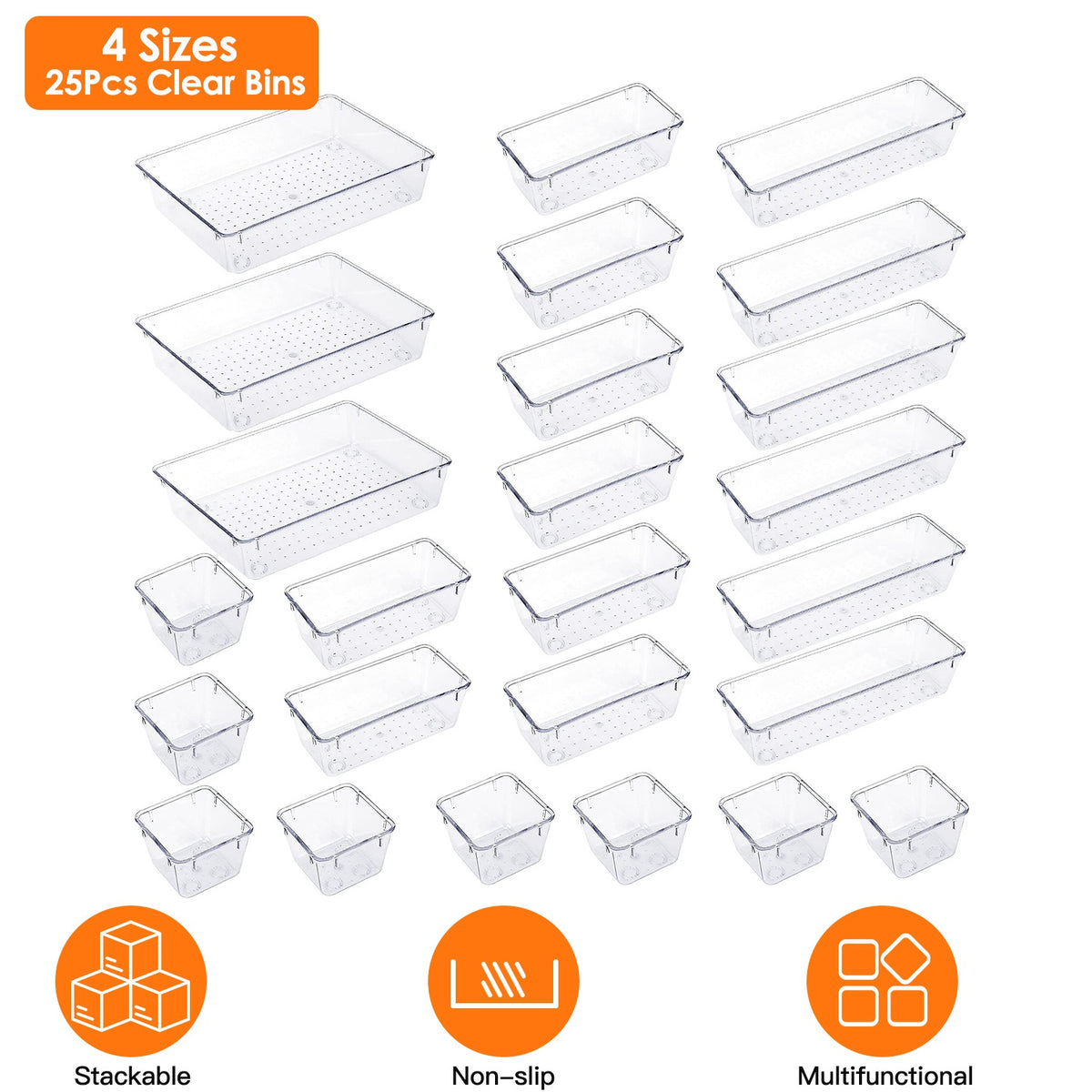 25-Piece Clear Drawer Organizer Tray Set