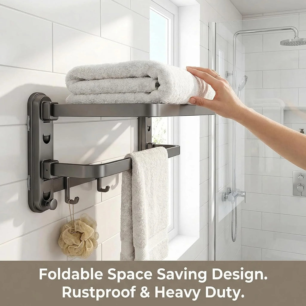 Towel Rack Suction Wall Shelf, Foldable Double Bar with Hooks – image 2