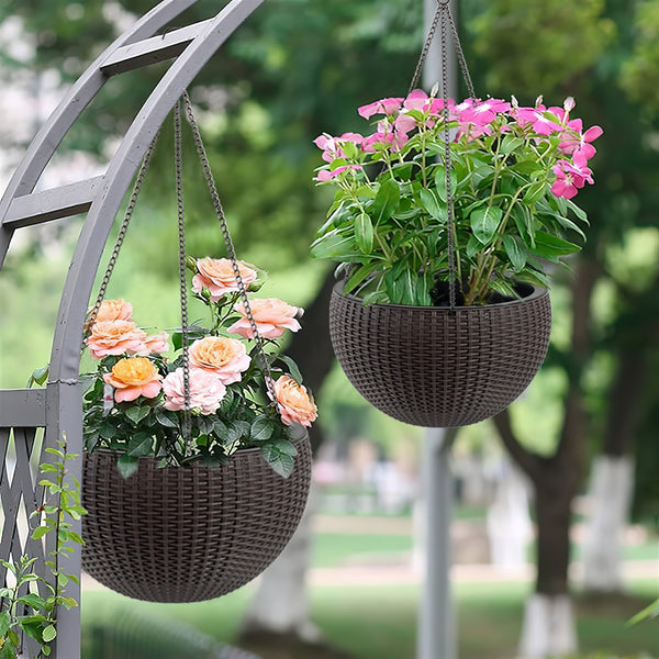 Self-Watering Hanging Planter 2 Pack, 13.4 in Rattan-Look, Brown
