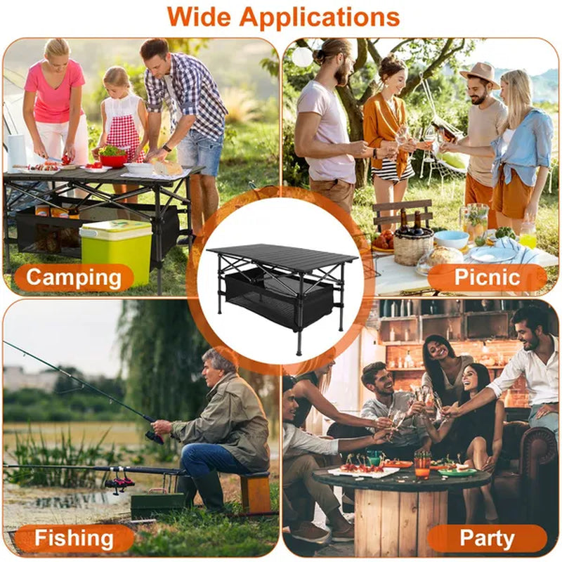 Folding Camping Table with Roll-Up Aluminum Top and Storage Basket – image 3