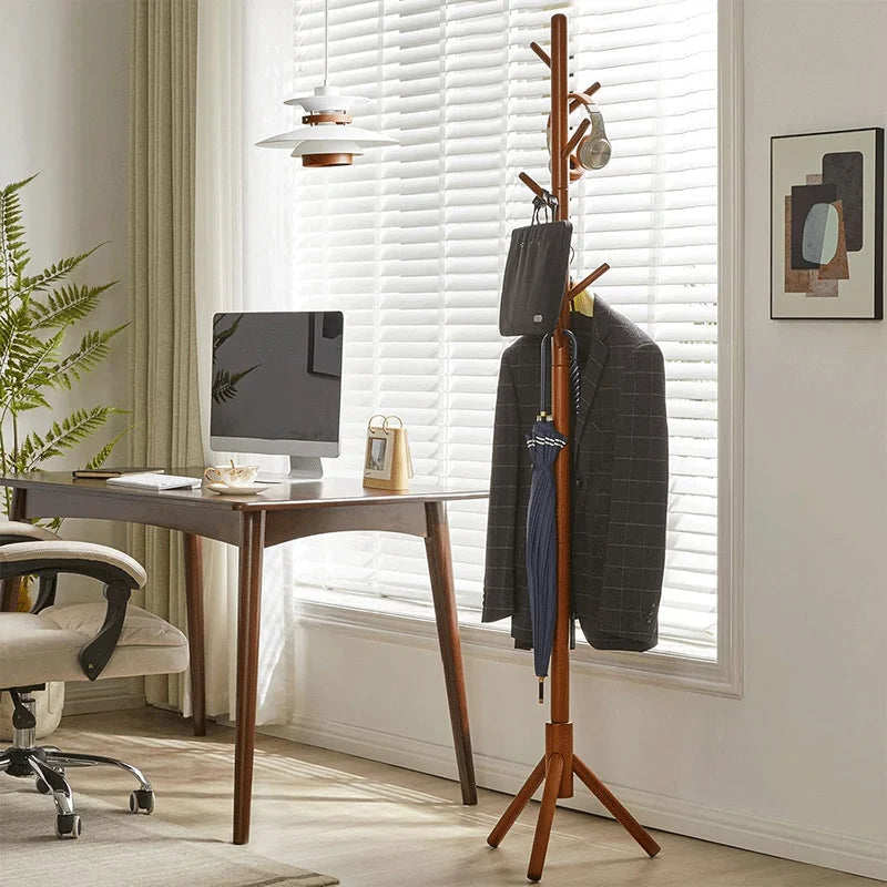 Coat Rack Stand Wood Freestanding with 9 Hooks, Adjustable
