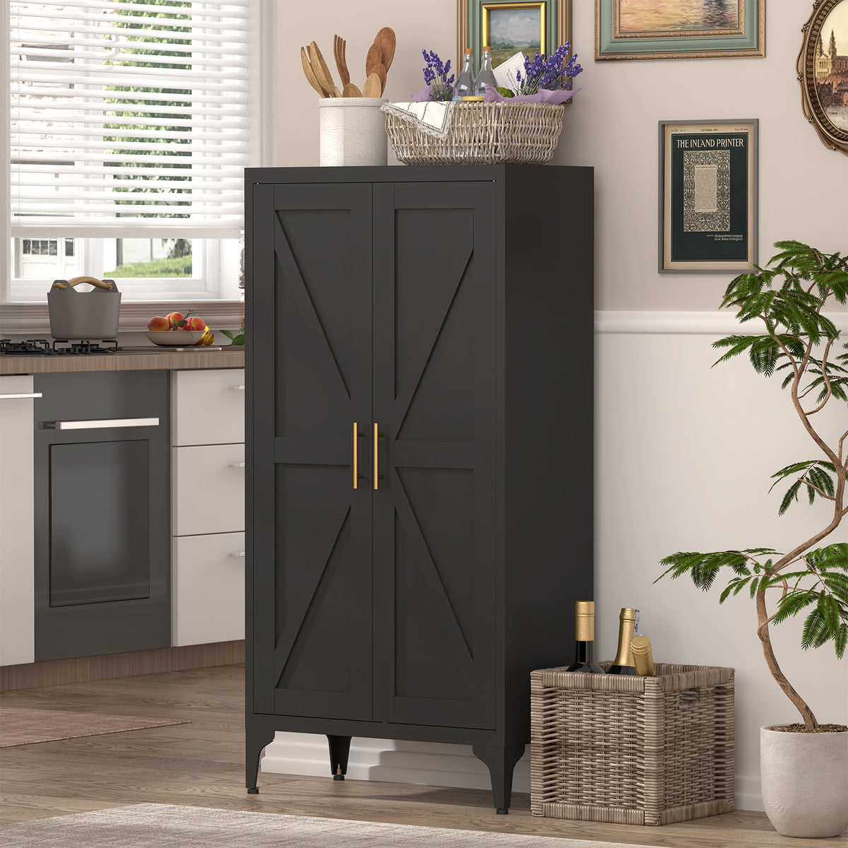 Pantry Cabinet, 2-Door Steel Kitchen Storage with Adjustable Shelves