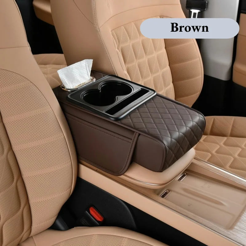Car Center Console Armrest Cushion with 2 Cup Holders - Height Raising Arm Rest Pad