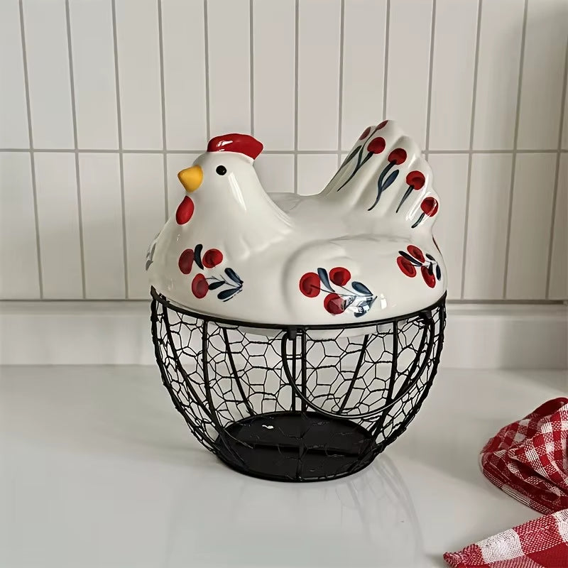 Ceramic Egg Basket, Farmhouse Hen-Shaped Egg Holder with Lid – image 4