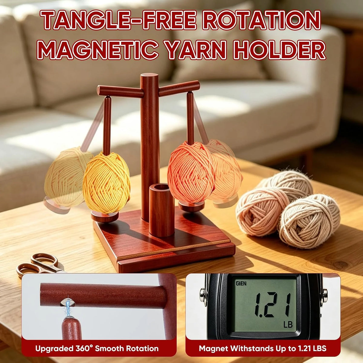 Wooden Yarn Holder with Dual Magnetic Spindles for Knitting & Crochet – image 7