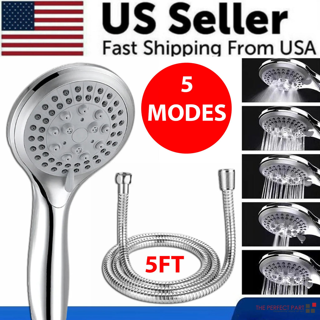 Handheld Shower Head - 5-Setting High Pressure Sprayer, 5 ft Hose