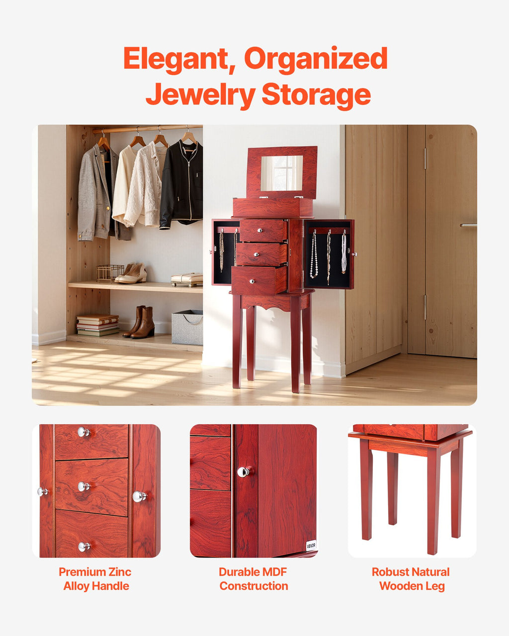 Standing Jewelry Armoire Chest with Flip-Top Mirror and 3 Drawers – image 5