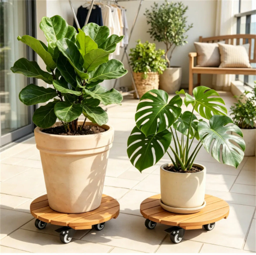 Rolling Plant Caddy Set of 2, 12 in Acacia Wood Pot Mover with Wheels – image 8