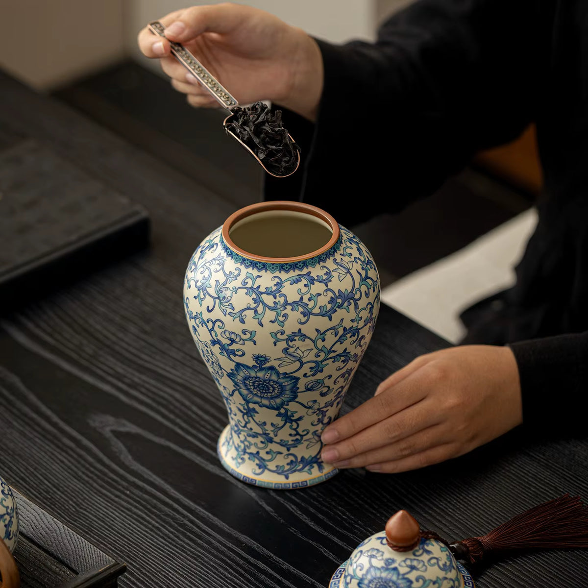 Floral Ceramic Ginger Jar with Lid, Temple Jar Decor Vase – image 4