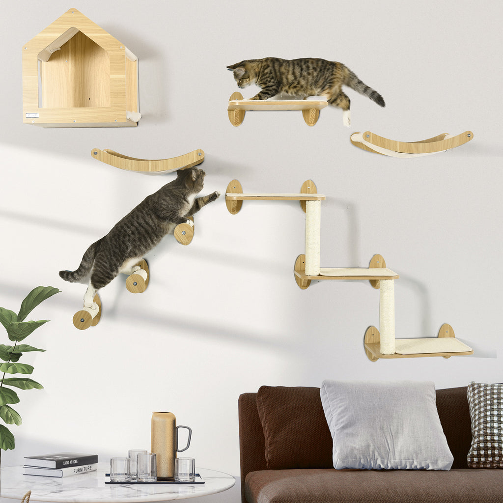 8-Piece Cat Wall Shelves Climbing Set with Condo and Sisal Posts, Oak – image 2