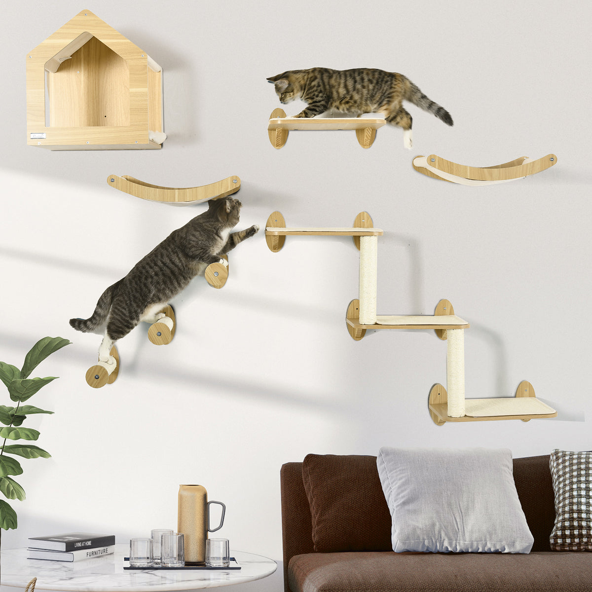 8-Piece Cat Wall Shelves Climbing Set with Condo and Sisal Posts, Oak – image 2