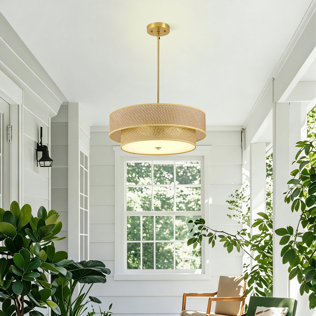 17.7 Inch Rattan & Linen Semi Flush Mount Ceiling Light, Boho Drum