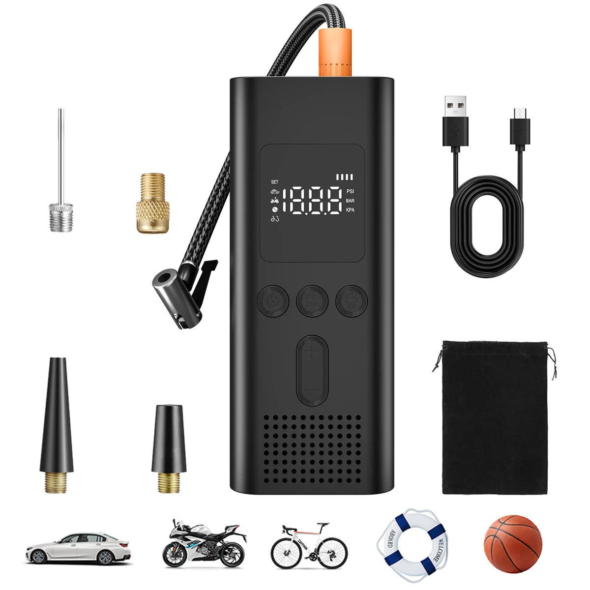 Electric Bike Pump, Mini Cordless Tire Inflator with Digital Display
