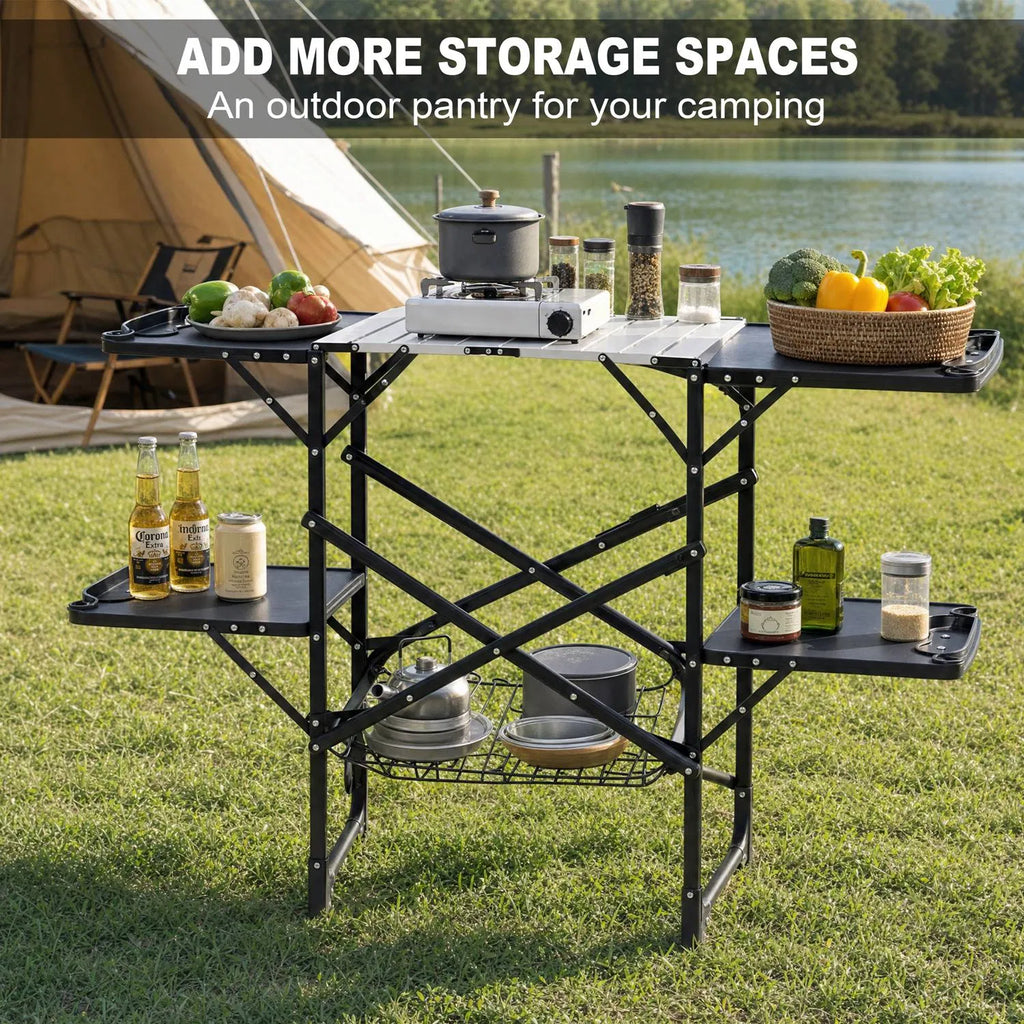 Folding Camp Kitchen Prep Station with Side Shelves and Storage Rack – image 6