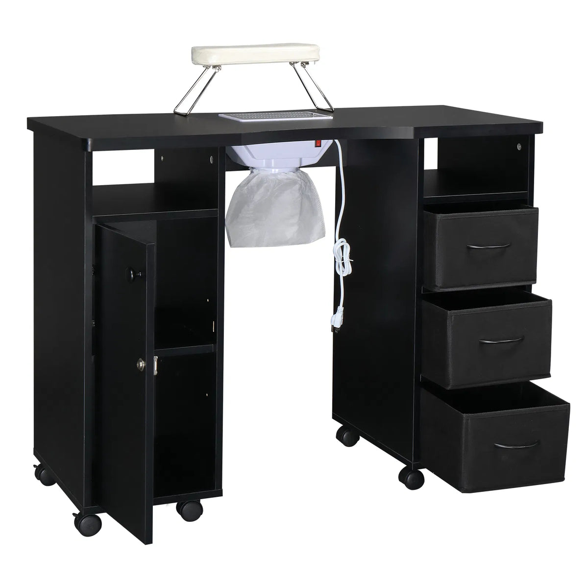 Rolling Manicure Table with Built-In Fan, Double Cabinet and 3 Drawers – image 2