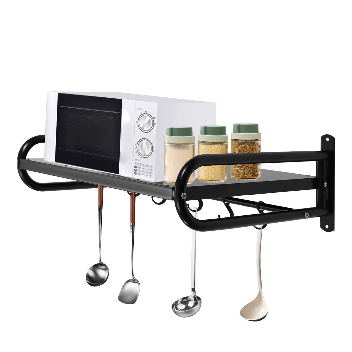 Wall Mount Microwave Shelf, Heavy Duty Steel Kitchen Shelf with 6 Hooks – image 4