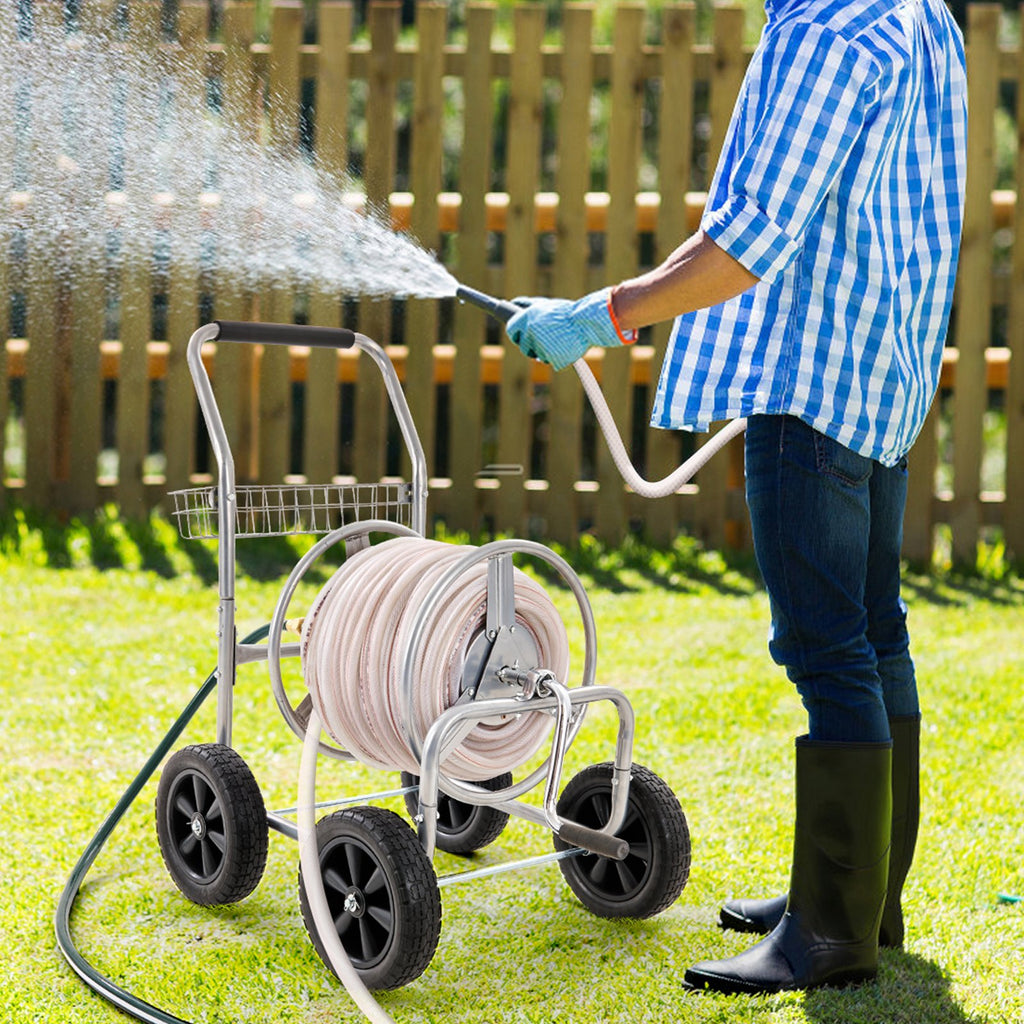 Hose Reel Cart with Storage Basket Holds 300 Ft Garden Hose