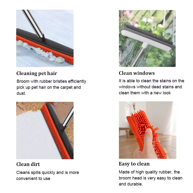Silicone Rubber Push Broom - Pet Hair Removal Broom for Carpet, Tile & Windows