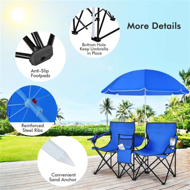 Double Folding Camping Chair with Umbrella and Cooler Bag – image 6