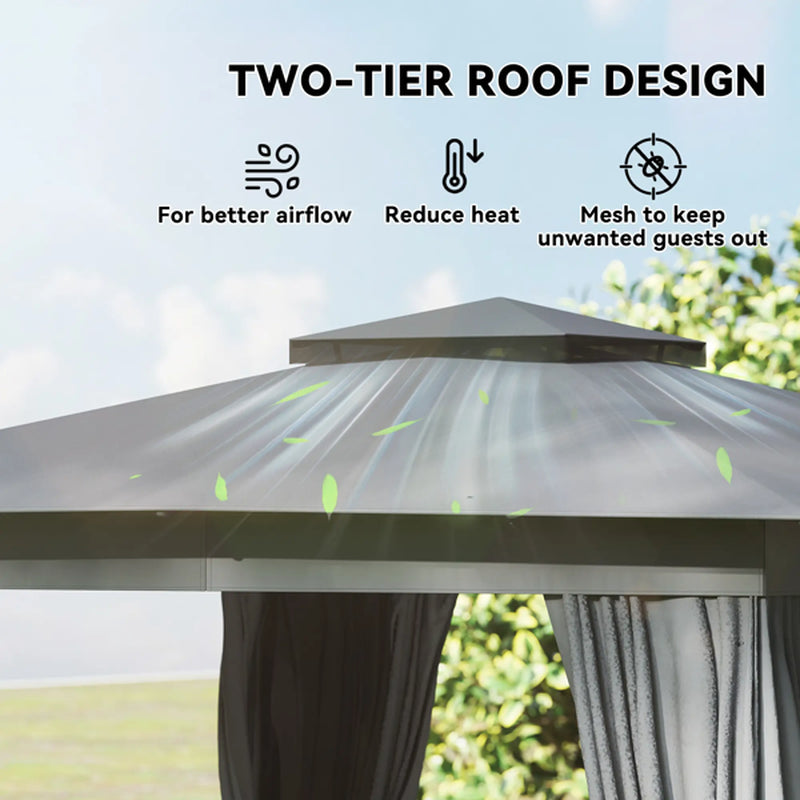 10x10 ft Steel Patio Gazebo with Double Roof, Curtains and Netting – image 5