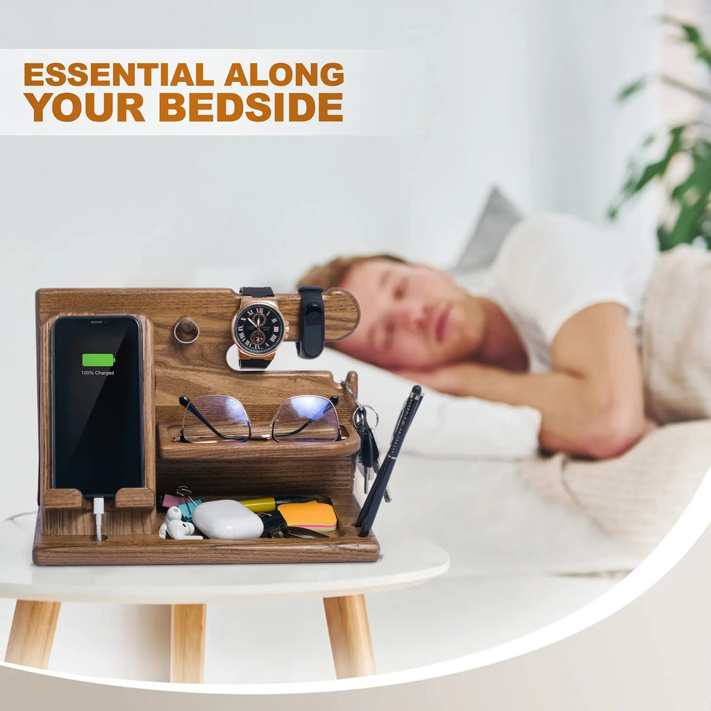 Phone Docking Station, Wooden Desk Organizer with Drawer – image 5