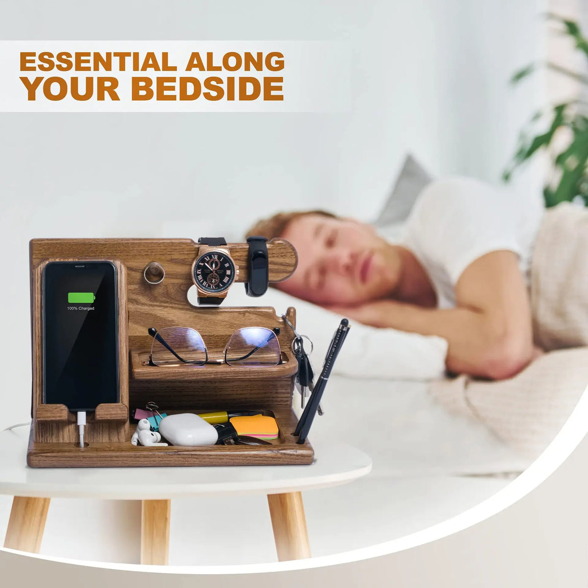 Phone Docking Station, Wooden Desk Organizer with Drawer – image 5