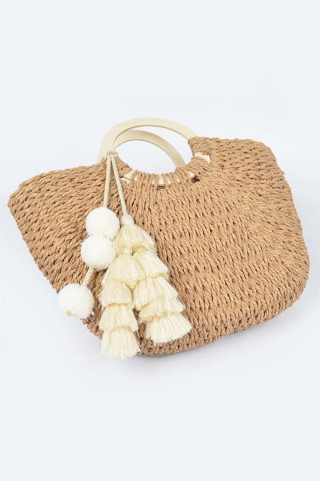 Woven Wood Handle Tote Bag with Tassels, Khaki – image 3