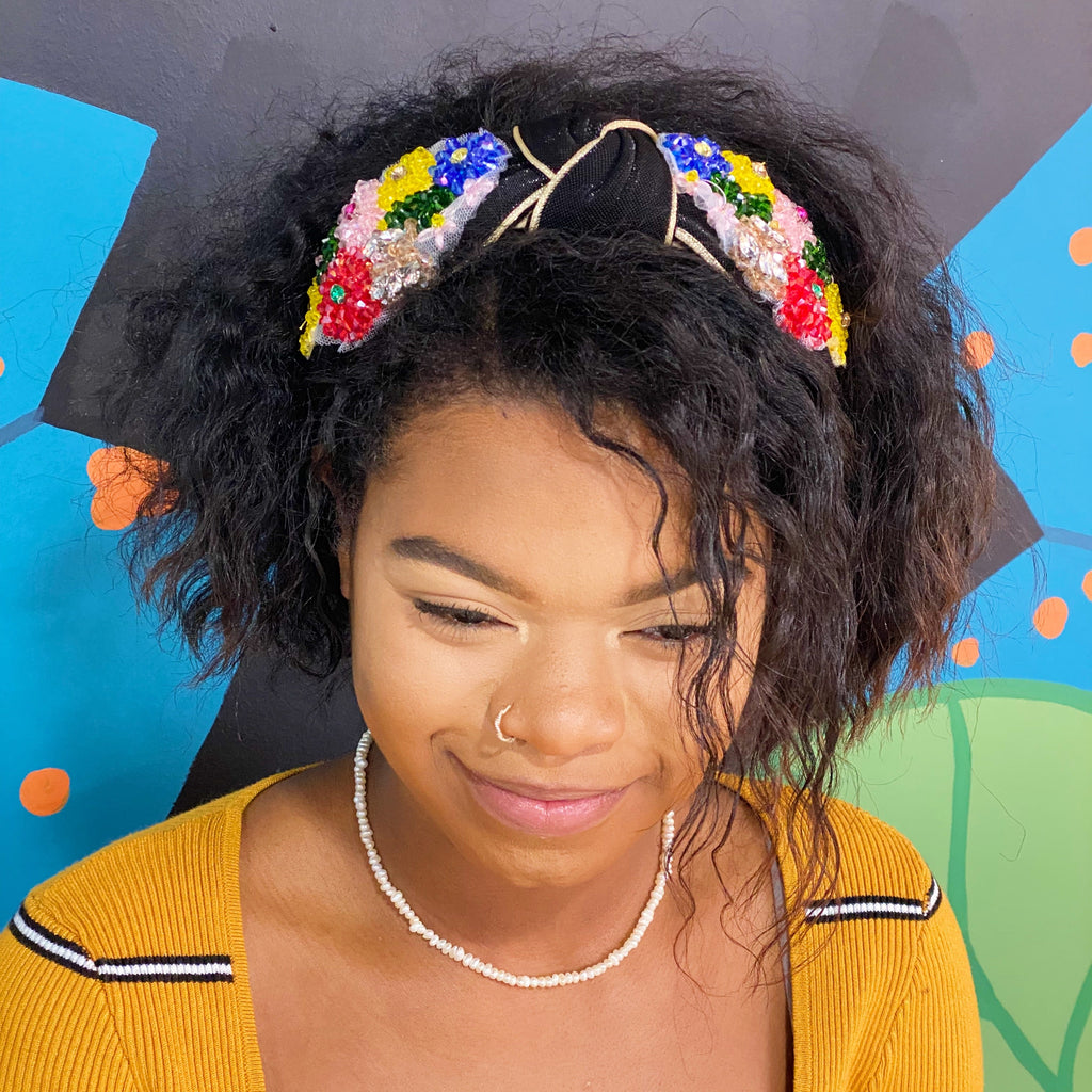 Beaded Flower Headband – Black Shimmer with Gold Trim – image 4