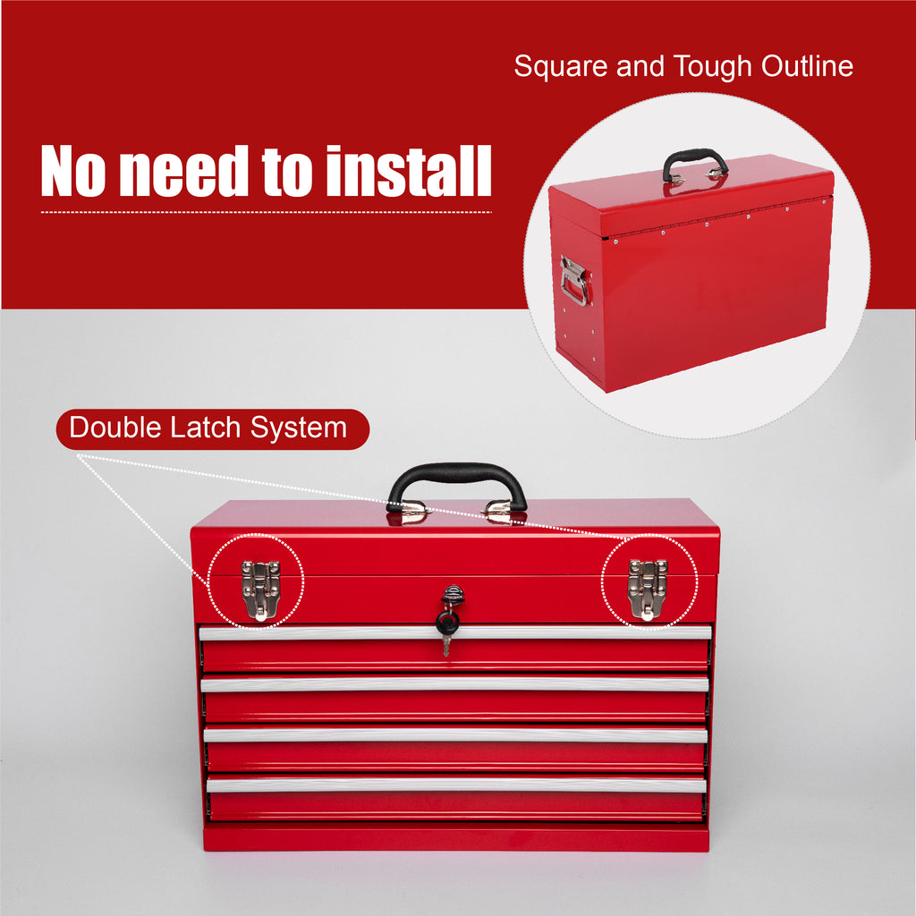 Metal Tool Box 21 in with 4 Drawers, Portable Locking Tool Chest, Red – image 5