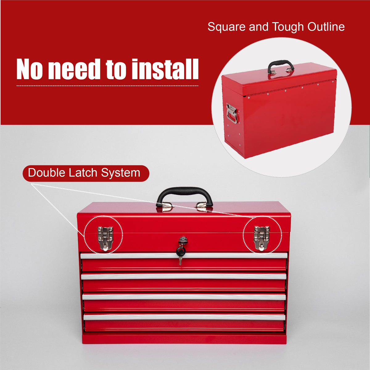 Metal Tool Box 21 in with 4 Drawers, Portable Locking Tool Chest, Red – image 5