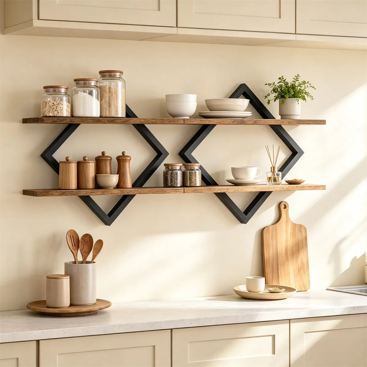 2-Tier Floating Wall Shelves Set of 2, Diamond Metal Frame, Rustic Brown – image 7