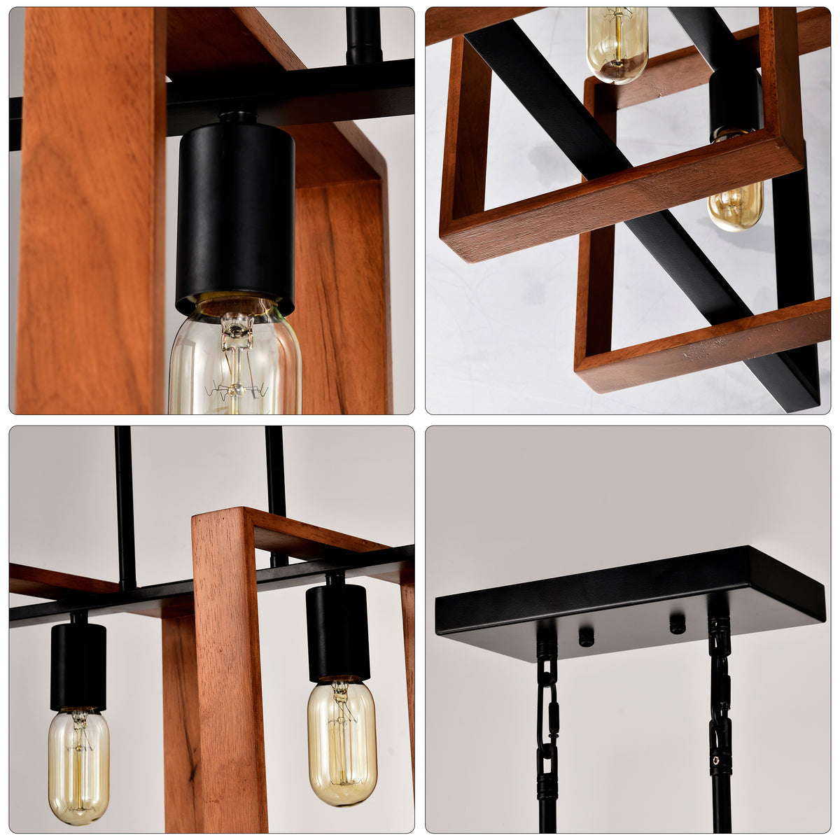 4-Light Farmhouse Kitchen Island Pendant Wood and Black 36 In