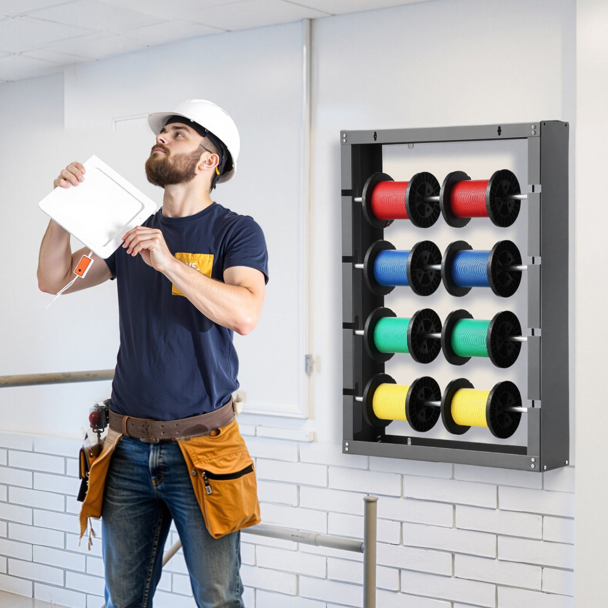 Wall Mounted Wire Spool Rack, 4 Rods, 150 lb Capacity