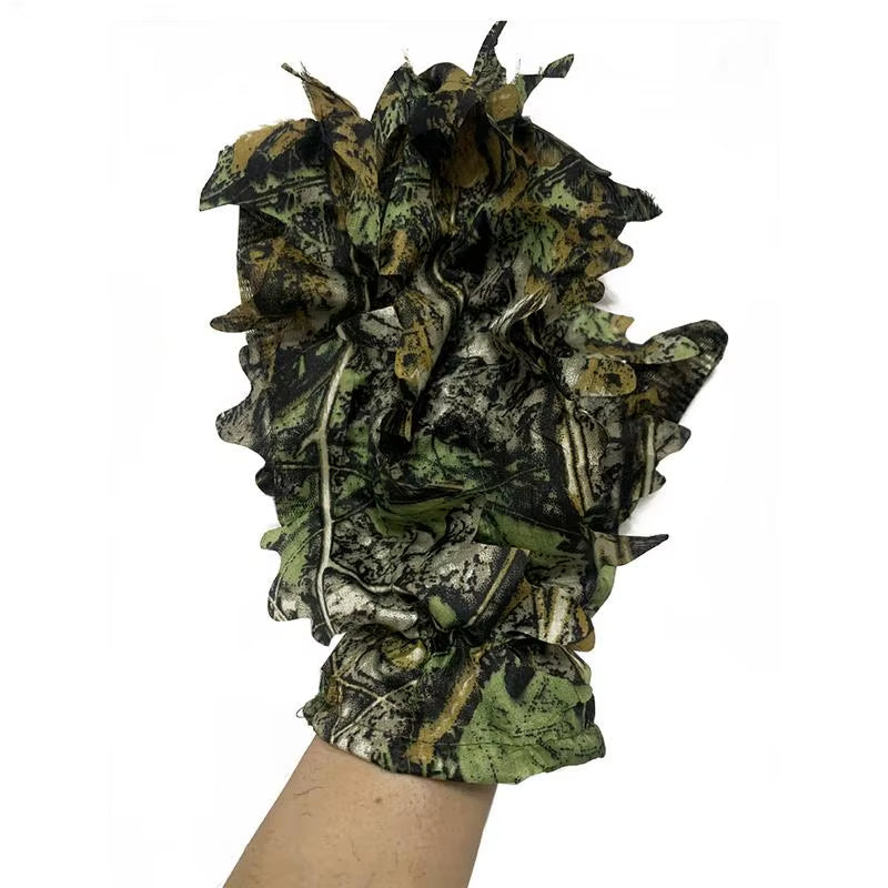 Hunting 3D Leafy Camo Gloves, Non-Slip Full Finger Woodland Camo Gloves, One Size
