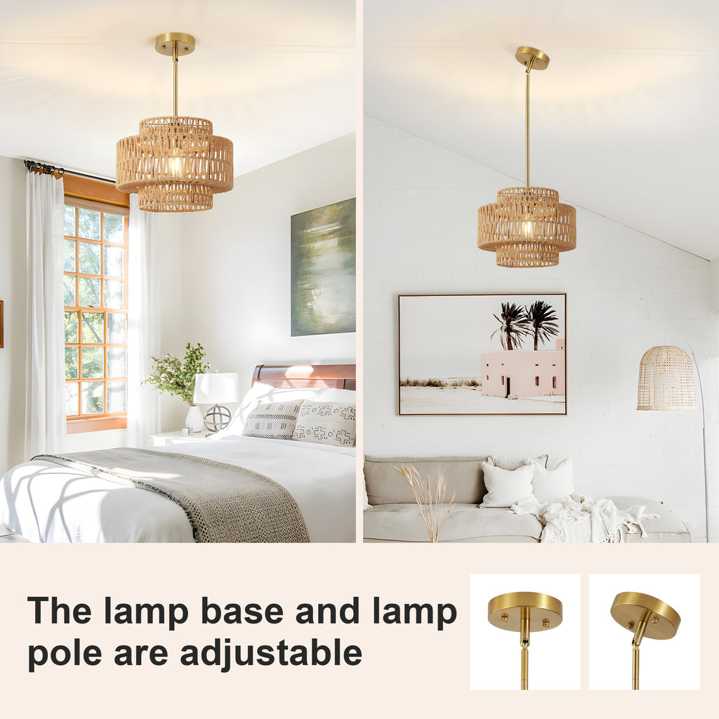 Boho Rattan Pendant Light Hand Woven 12.6 Inch Hanging Fixture