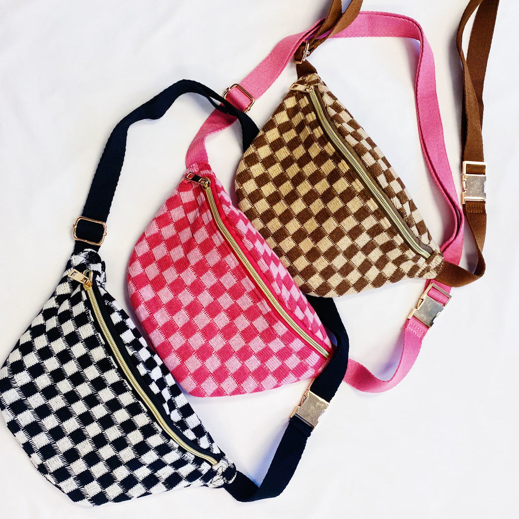 Checkered Knit Belt Sling Bag – Crossbody with Gold Hardware