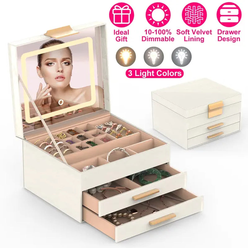 Jewelry Box with LED Mirror, 3-Layer Organizer with 2 Drawers – image 2