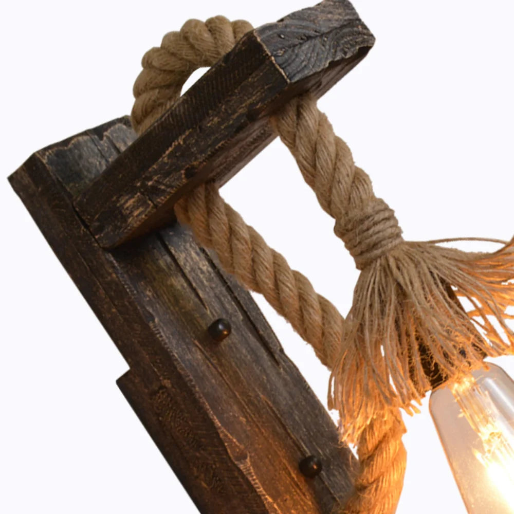 Vintage Rope Wall Lamp - Rustic Wood & Hemp Rope Wall Sconce Light Fixture