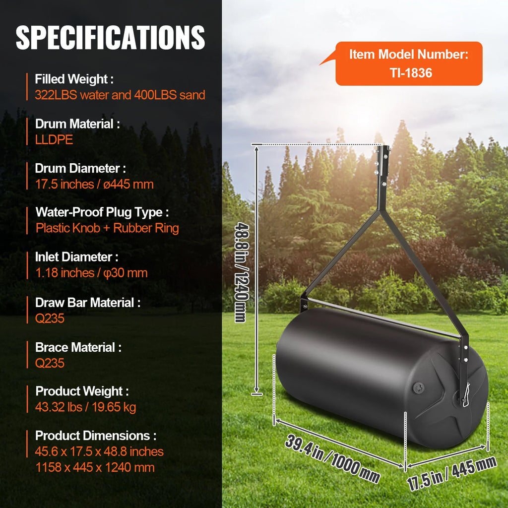 Tow Behind Lawn Roller 400 lb, Sand or Water Filled Yard Roller – image 7