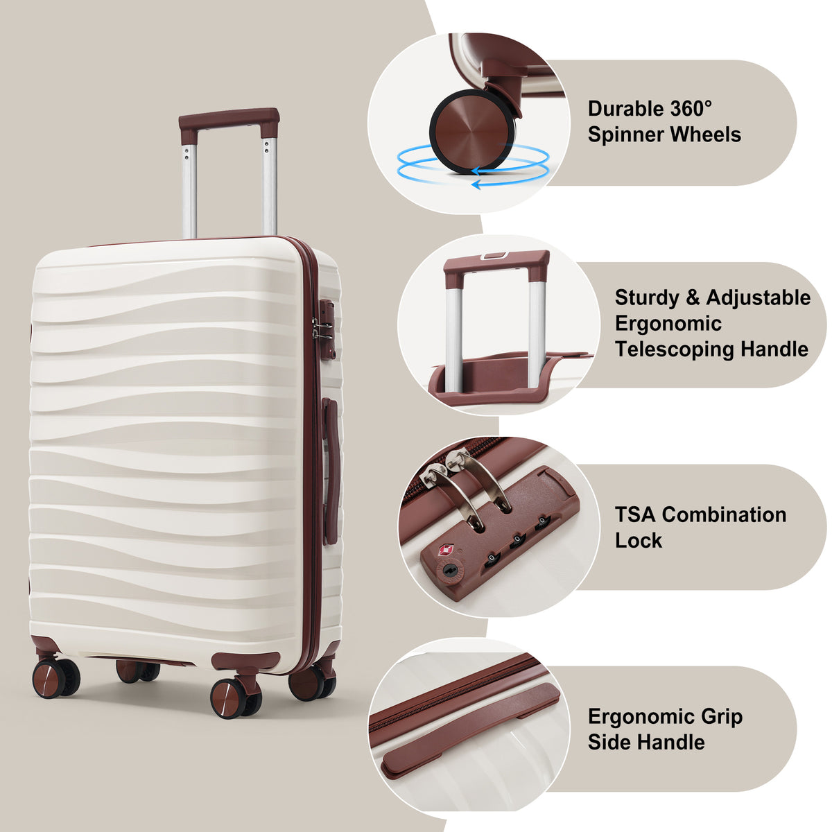 3-Piece Hardside Luggage Set, 20/24/28 in Spinners, Ivory and Brown – image 3