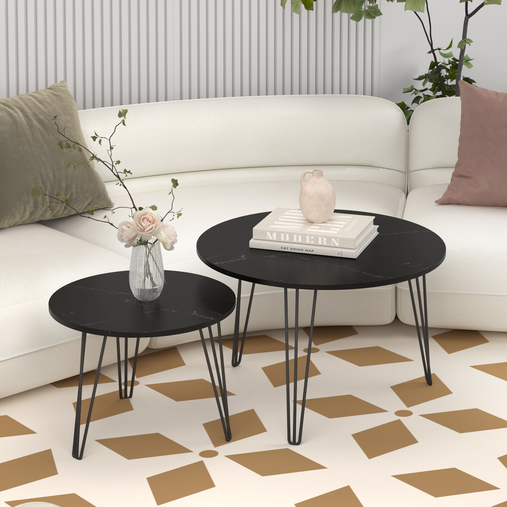 Round Nesting Coffee Tables Set of 2, Faux Marble Top, Black – image 5