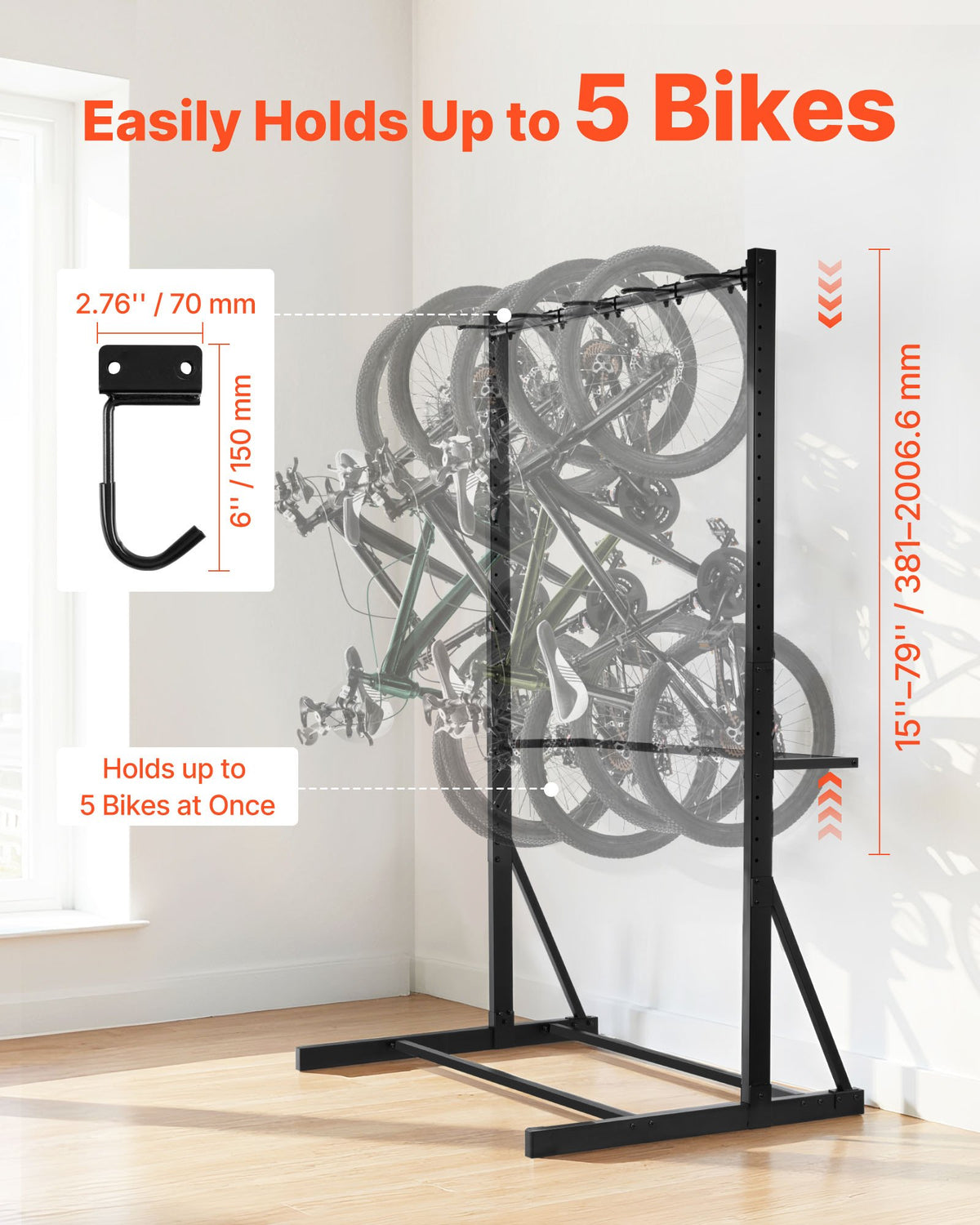 Freestanding Bike Rack for 5 Bikes, Vertical Storage Stand 300 lb – image 3
